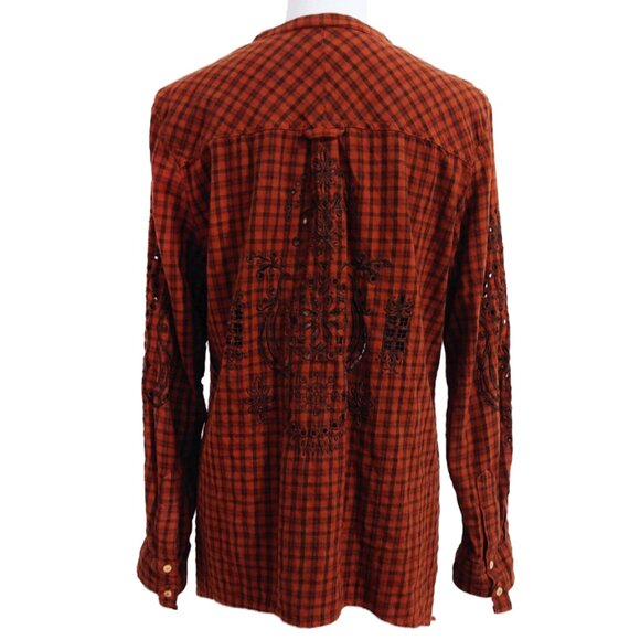 Johnny Was 3J Workshop Brown Checked Half-Button Shirt Eyelet/Peek a Boo Detail - Picture 2 of 9